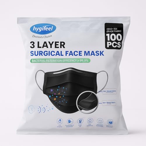 HYGIFEEL 3Ply Surgical Face Mask (Pack of 100) (BLACK) | Built-in Nose Clip| Bacterial Filteration Efficiency ≥ 99.9% | Doctor's Choice | India's Top Medical Consumable Brand