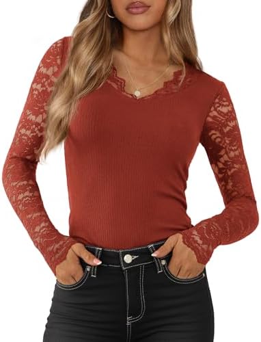MASCOMODA Lace Long Sleeve Tops for Women Fitted V Neck Going Out Top Knit Sexy Tight Tee Shirts Fashion Fall Outfits 2025