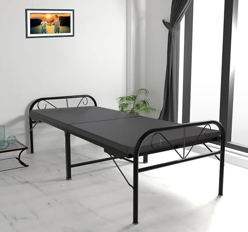 Image of APRODZ Metal Folding Bed Single Bed for Sleeping Double Foam Mattress | No Assembly Required |Powder Coated Bed with Headboard for Sleeping /Guests /Rented Apartments /Bedroom (2.5ft x 6ft Black)