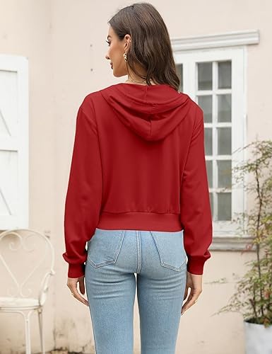 Image of Casual Wear Solid Crop Zipper Jacket Hooded Neck Full Sleeves with Kangaroo Pocket Hoodie for Women