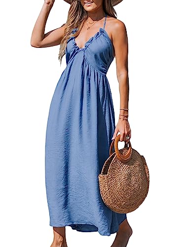 CUPSHE Damen Sommerkleid V Ausschnitt Ärmellos Neckholder Lang Freizeitkleider Beach Smocked Maxi Dress Blau L