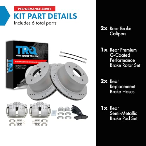 Image of TRQ Performance Rear Brake Pad & Rotor Set Semi Metallic Drilled Coated Rotors Calipers Hoses Compatible with 99-05 Chevrolet Blazer 00-04 S10 98-03 GMC Jimmy 00-03 Sonoma 98-00 Isuzu Hombre