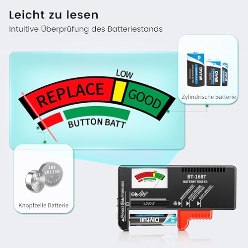 Dlyfull Batterietester – Batterie Tester für AA, AAA, C, D, 9V & 1.5V Knopfzellen – Akku Tester & Batterieprüfgerät ohne Strom – Präzises Batterie Messgerät für Haushalt & Profi (BT-168 Pro) 3