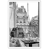 Vintage Girl Reading Newspaper Poster Eiffel Tower View Canvas Wall Art Retro Black And White Feminist Room Aesthetic Prints Painting For Home Bedroom Dorm Apartment Wall Decor 12x16in Unframed