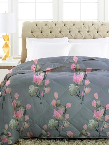 Image of HOMEKART 220 GSM Premium Reversible Microfiber AC Comforter for Single Bed | Soft, Lightweight & Breathable All-Season 3-Layer Quilted Blanket (150 cm x 225 cm, Floral, Grey and Pink)