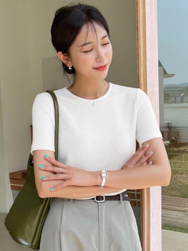 Image of Leriya Fashion Women's Waffle Knit T-Shirt - Short Sleeve Lightweight Summer Top| Soft Breathable Crew Neck Casual Tee for Office, Travel, Vacation & Daily