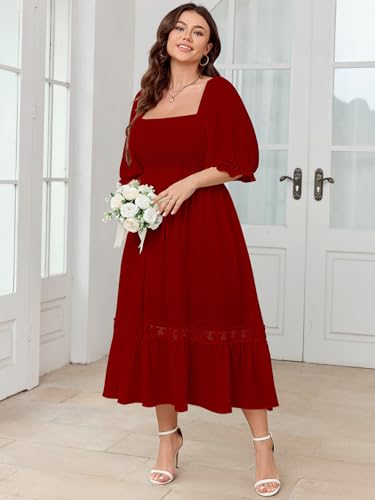 Image of SCOMCHIC Women's Plus Size Boho Maxi Dress Short Sleeve Square Neck Smocked Flowy A-Line Lace Trim Wedding Guest Dresses