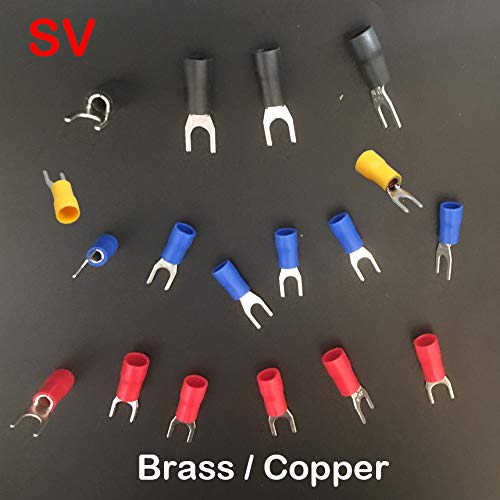 Davitu SV3.5-4 SV3.5-5 Blue Black Red Yellow Green U Spade Fork Brass Copper Lug Splice Insulated Cable Wire Connector Crimp Terminal - (Color: Blue (Brass), Pins: 80Pcs SV3.5-4)