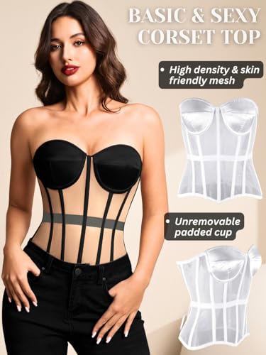 Image of Kaei&Shi Sheer Mesh Overbust Corset,Sexy Strapless Lace Up Satin Bra Corsets Top For Women Shapewear