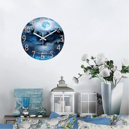 Image of XFM Moon Forest Deer 14 Inch Silent Blue Glass Wall Clock