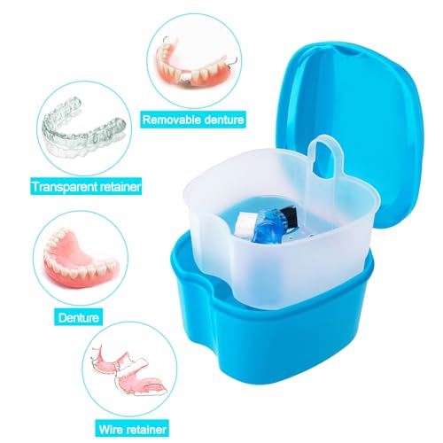 Keedolla Denture Cup Orthodontic Retainer Case, Denture Bath Box Dental Mouthguard Case Cleaning with Brush, Strainer Basket and Lid Waterproof - Blue - Thumbnail 2