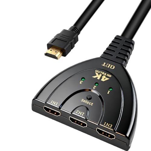 HDMI Switch 4K, 3 Entradas 1 Salida Switch HDMI Splitter Conmutador 3 Puertos Soporta con Cable de Alta Velocidad Full HD 3D 1080P Compatible con DVD Player Xbox Fire Stick Apple TV PS3/4/5 BLU-Ray