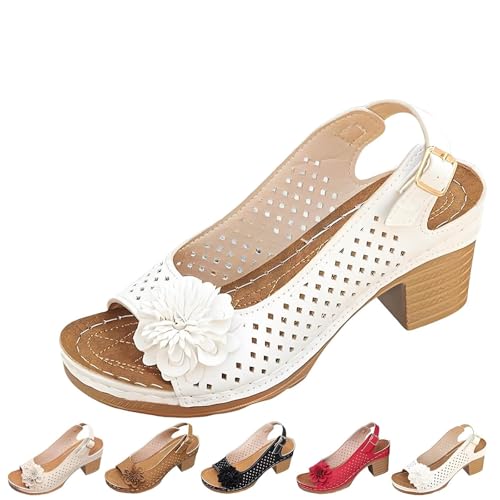 Buckled Square Heel Sandals for Women, Fashionable Mesh & Leather, Low Heel Open Toe Chunky Sandals