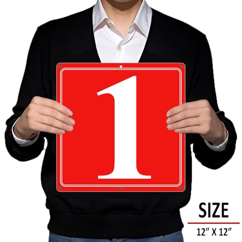 Image of Premium Aluminum Number Signs 1, Metal 12 inch X 12 inch Red Numbered Signs Outdoor for Parking Lots, Floor, Dock, Court, Aisle, Field, High Visibility, No Fade, Weather-resistant