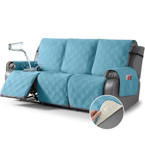 Image of TAOCOCO 100% Waterproof Recliner Sofa Covers 3 Seater Split Couch Covers for 3 Cushion Reclining Couch with Straps, Non Slip Reclining Sofa Covers Furniture Protector for Kids Pets(3 Seater, Sky Blue)