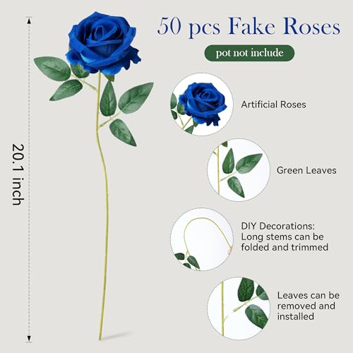 Image of 50 PCS Blue Roses Artificial Flowers, Real Looking Fake Roses with Long Stems Silk Flowers for DIY Wedding Bouquet Party Celebration Home Bridal Shower Decoration Valentine's Day Gift for Her Wife