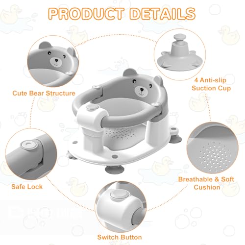Image of Baby Bath Seat for Babies 6 Months & up, Non-Slip Toddler Bath Seats for Babies Sitting Up, Safe Infant & Newborn Bathtub Chair with 4 Suction Cups & Soft Cushion for Shower,Gray
