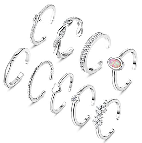 Staligue Toe Rings For Women Silver Rose Gold Adjustable Toe Ring Set Cubic Zirconia Opal Heart Summer Beach Foot Jewelry Set (Silver) #TOP20