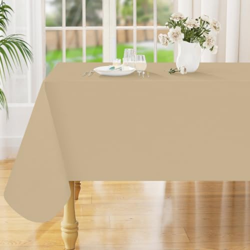 Image of Smiry Rectangle Table Cloth 60 inchx84 inch, Waterproof Wipeable Vinyl Tablecloth | Oil Spill Proof Plastic Table Cover, Flannel Backed Table Cloths for Dining, Picnic, Camping, Outdoor, Khaki