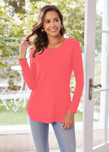 Image of Herou Women's Casual Long /Short Sleeve T Shirt Crewneck with Side Split Fall Pullover Loose Tunic Sweater Tops
