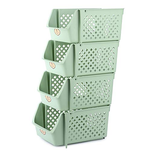 Image of Titan Mall Stackable Storage Bins For Food-Storage Containers For Organizing Pantry,Kitchen and Garage .4 Pack Plastic Organizer Bins With Front Open For Vegetable Fruit Food Storage Organizer.