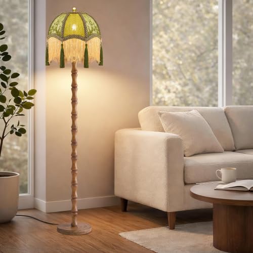 Image of AHDWDW Vintage Floor Lamp for Living Room Bedroom,Victorian Floor Lamps with Remote,Wood Standing Tall Lamp with Green Tassels Velvet Lampshade,Fringe Dimmable Floor Lamp for Corner Reading Decor