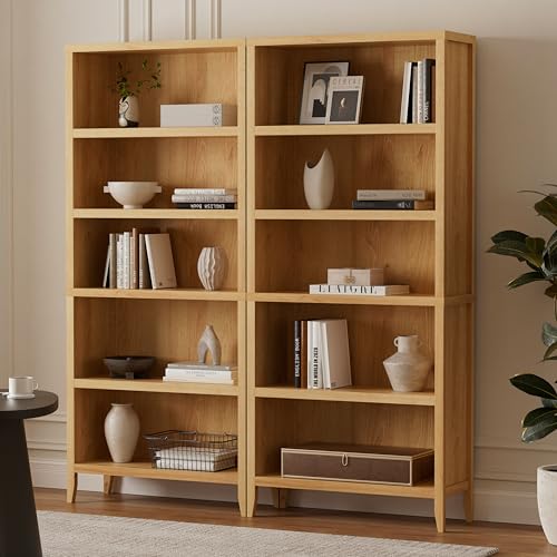 Image of EYYTHUNG Farmhouse 71 inch Tall Bookshelf Set of 2, Large Freestanding Wooden Open Bookcase with Adjustable Shelf, Wood Display Book Shelf for Living Room, Bedroom, Office, Library Natural Oak
