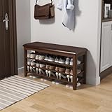 KASLANDI Shoe Bench with Leather Cushion, 3 Tiers Shoe Storage Bench Height Adjustable, Walnut Wood Entryway Bench for Hallway, Mudroom