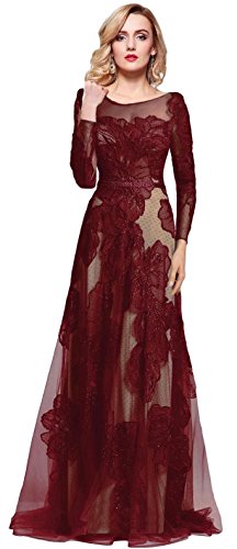 Meier Women's Long Sleeve Illusion Back Embroidery Lace Evening Dress Burgundy Size 6