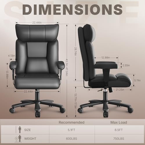 Office Chair,Ergonomic Big and Tall Office Chair 750LBS,High Back Leather Gaming Chair,Wide Executive Chair with Lumbar Support with Adjustable Padded Armrests - Image 2