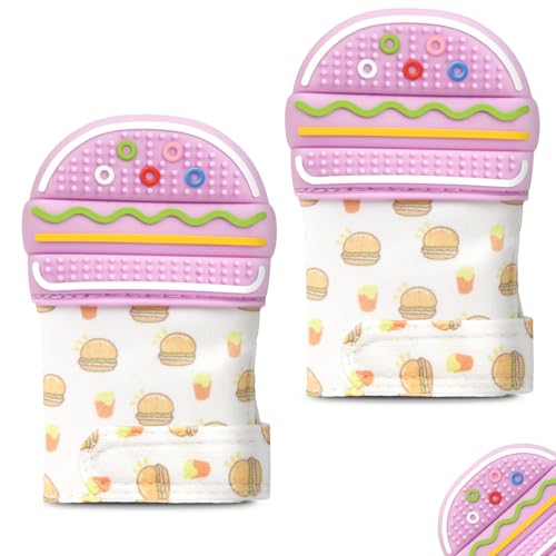 Image of 2Pack Silicone Teething Mitt, Hamburger Baby Teething Toy for 0-6 6-12 Months, Food Grade Silicone Infant Teething Mitten, BPA-Free Baby Chew Toys for Pain Relief, Sucking Needs