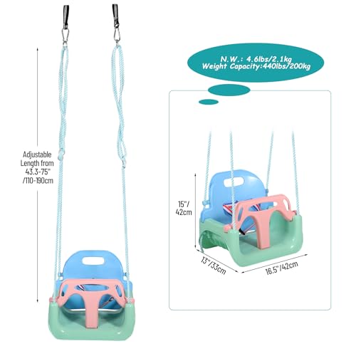 Image of RedSwing 3-in-1 Baby Swing Seat, Toddler Swings, Anti-Flip Snug & Secure Detachable Infants to Teens Kids Swing Seat for Outside Playground, Blue Green Pink