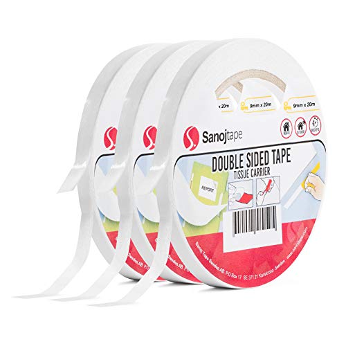 Adhésif de fixation Double Face Sanojtape (Lot de 3) de 9 mm x 20 m | D’emploi Général, Artisanat, Photos, Bureau, Bricolage | La main suffit pour les appliquer, épaisseur de 0,1mm Cover