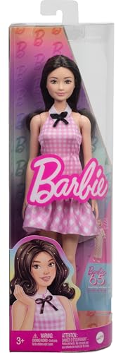 Image of Barbie Fashionistas Doll #224 with Black Wavy Hair, Pink Gingham Dress & Accessories, 65th Anniversary Collectible Fashion Doll