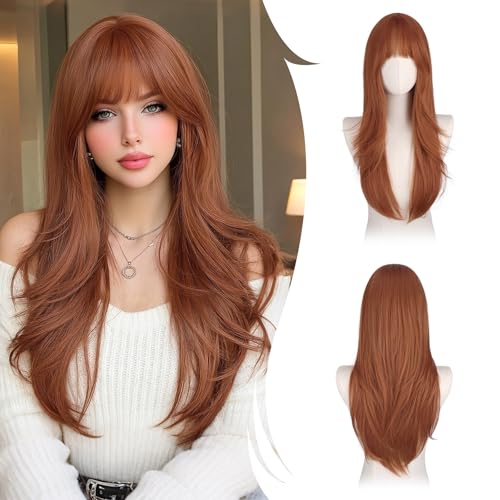 RUWISS Perruque pour Femmes Longue avec Frange, 65cm Naturelle Layered Perruques Raccord Visage Cheveux Synthétiques Naturels Résistantes pour Usage - Rouge...