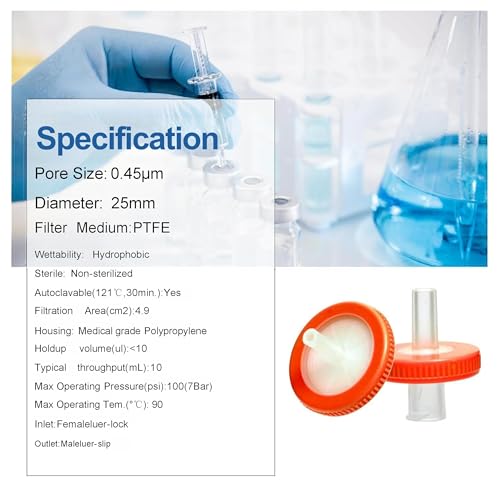 Image of Syringe Filters Hydrophobic PTFE Membrane 100PCS, 0.45um Pore Size,25mm Disc Diameter,HPLC and GC Needle Filter, Non-Sterile, High Throughput Lab Filtration, Barreled Packed