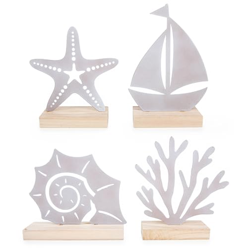 Logbuch-Verlag Set de decoración marítima de madera y metal – coral + velero + estrella de mar + concha – playa vacaciones baño decoración