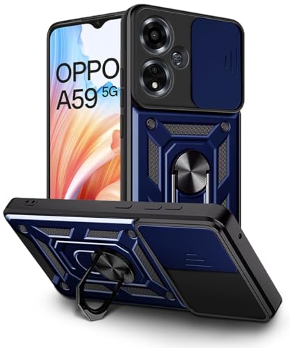Image of WOW IMAGINE Tough Armor Bumper Mobile Back Case for Oppo A59 5G | Sliding Camera Shield Cover | Shock Proof 360 Protection | Hybrid PC + TPU | Ring Holder with Kickstand - Blue