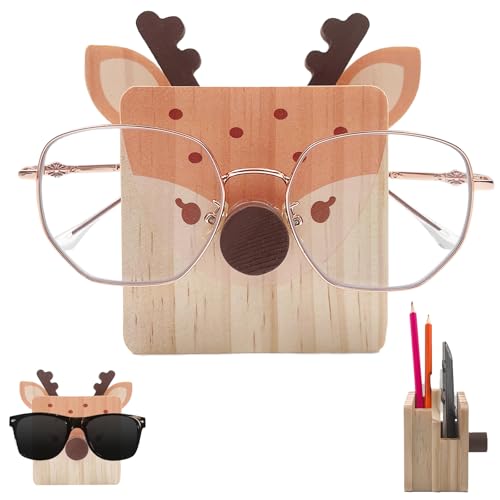 Image of Daily Treasures Multi-functional Storage Eyeglass Holder Stand,Creative Deer Eyeglass Stand,Wooden Bedside Eyeglass Holder with Square Widened Base,Eyeglass Holder for Office and Stationery Items