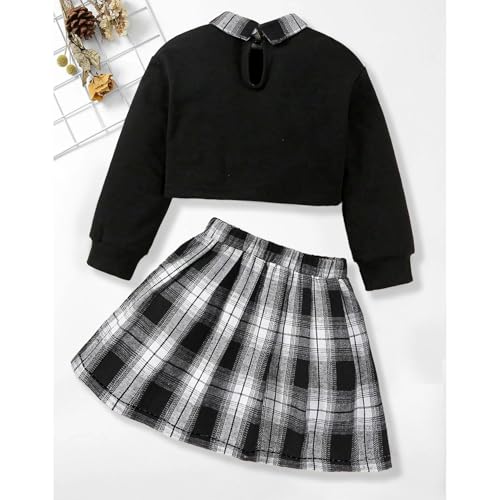 Image of Girls Letter Printed Crop Pullover Sweatshirt and Plaid Skirt Set 2 piece outfit 2-8 Years