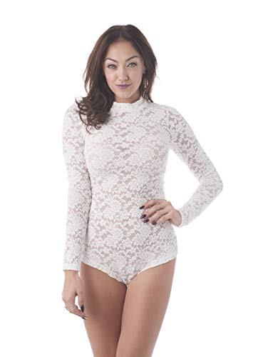 Khanomak Women's Long Sleeves All Lace Mock Neck Bodysuits (Large, Ivory)