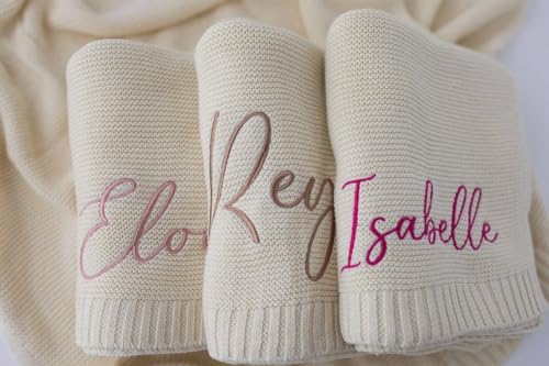Image of LOVELYPOD Custom Knit Baby Blanket, Personalized Embroidered with Name Nursery Blanket, Newborn, Cotton Knit Stroller Blankets, Birthday Shower Gifts