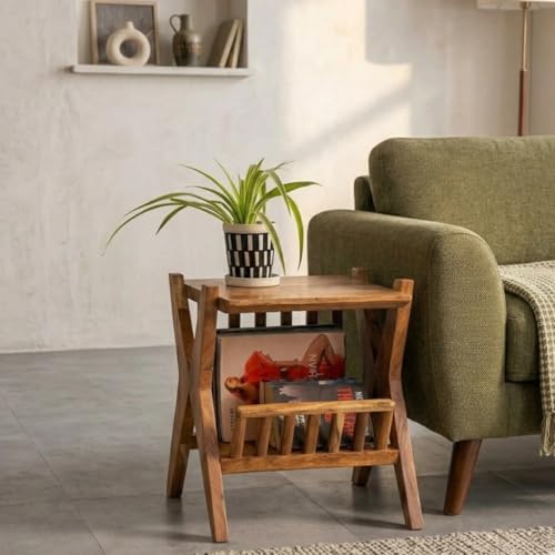 Image of Cross End Table for Bedroom |Magazine for Living Room |Premium Side Table for Home & Kitchen |Acacia Wood, Natural |Ideal for Home Decor