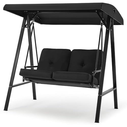YODOLLA Balancelle de Jardin 2 Places - Balancoire Extérieure avec Auvent Réglable & Coussin Épais - Grand Confort - 143 × 95 × 153 cm (Noir)