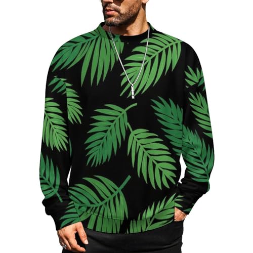 MoBlinko Mens Crewneck Sweater Green Tropical Palm Leaves Mens Sweater Sweaters for Men Long Sleeve Lightweight Pullover