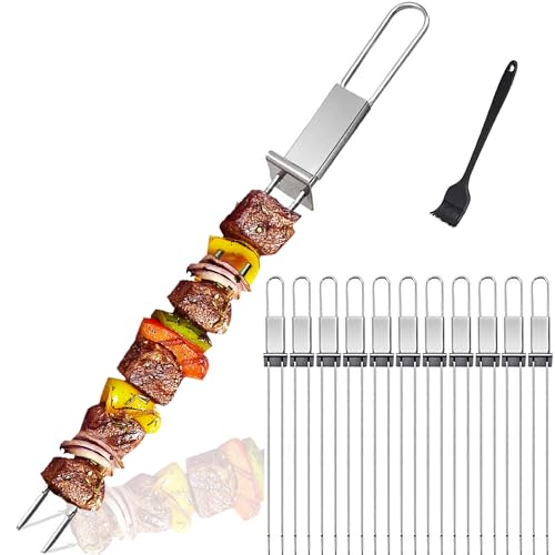 SHIKORI Kabob Skewers,13inch Metal Skewers for Kabobs with Push Bar Skewers for Grilling Double Fork Anti-Roll kebab skewers Stainless Steel Flat BBQ Skewers for Meat-12 Pcs