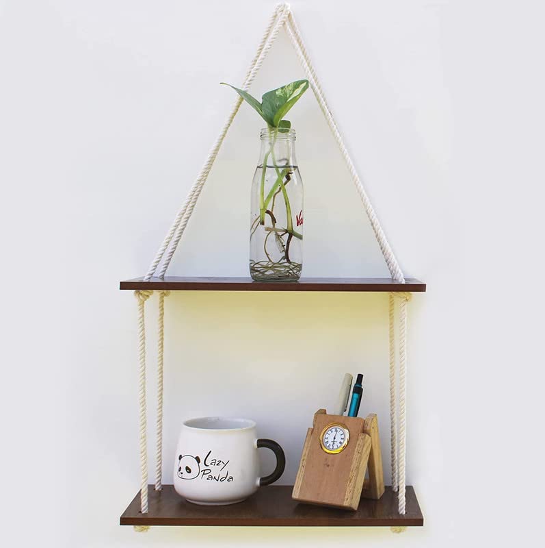 Image of VAH Wooden 2 Layer with White Jute Rope Wall Floating Laminated Wall Decor Wall Shelf for Home, Offices, Restaurants, Cafe Decoration