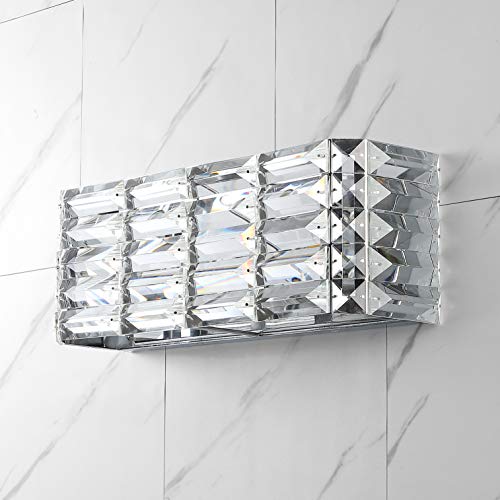 Image of JONATHAN Y 17.5 inch Chrome Modern Crystal Vanity Light, LED Bathroom Wall Sconce, 2-Light Fixture for Mirror, Glam Lighting with Clear Crystal Shade, Art Deco Makeup Wall Lamp (JYL7539A)
