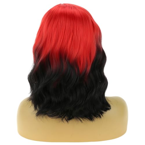 Image of BERON Red Ombre Black Wigs for Women Short Curly Wavy Red and Black Hair Wig Girls Ombre Color Synthetic Costume Cosplay Wig