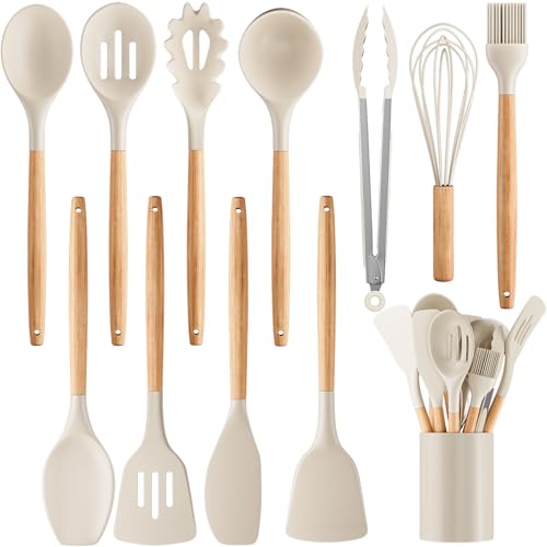 Silicone-Cooking-Utensil-Set12-PCS-Cooking-Cookware-Kitchen-Utensils-Set-for-Cooking-Nonstick-446F-Heat-Resistant-Cookware-Kitchen-Tools-of-SpoonBrushWhiskSpatulaTurner-Tongs-Khaki Silicone Cooking Utensil Set,12 PCS Cooking Cookware Kitchen Utensils Set for Cooking, Nonstick 446°F Heat-Resistant Cookware Kitchen Tools of Spoon,Brush,Whisk,Spatula,Turner Tongs (Khaki) - Image 1